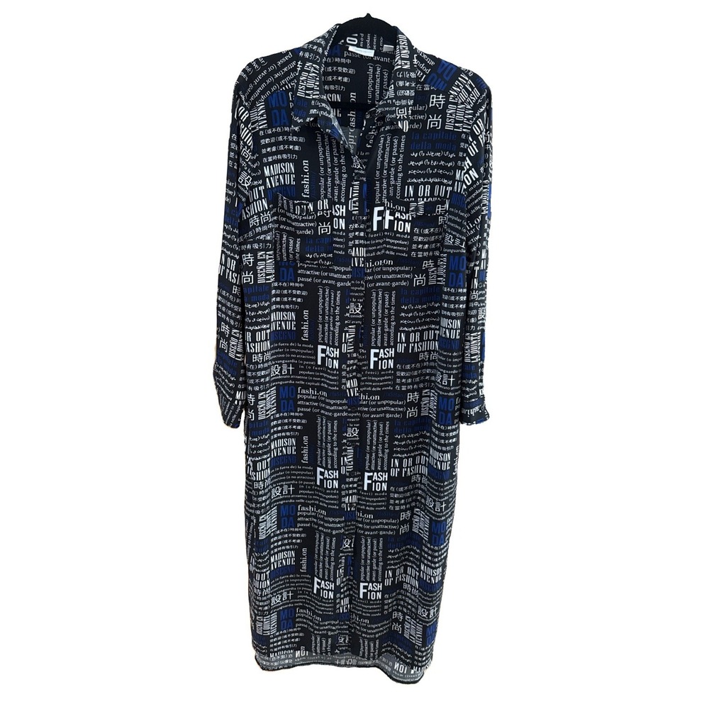 NY&Co Shirt Dress XL Tall Black Blue All Over Print Fashion Madison Ave New York